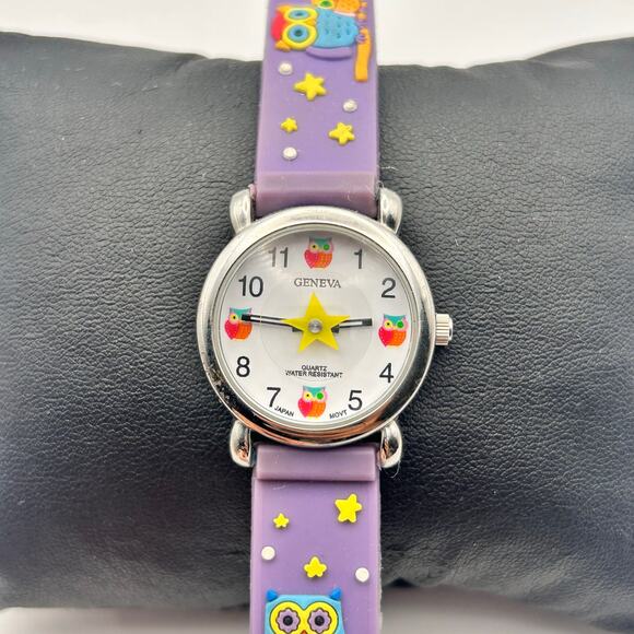 Geneva Silver Tone Owl Theme Purple Silicon Bands 27mm Kid’s Watch - Picture 1 of 8
